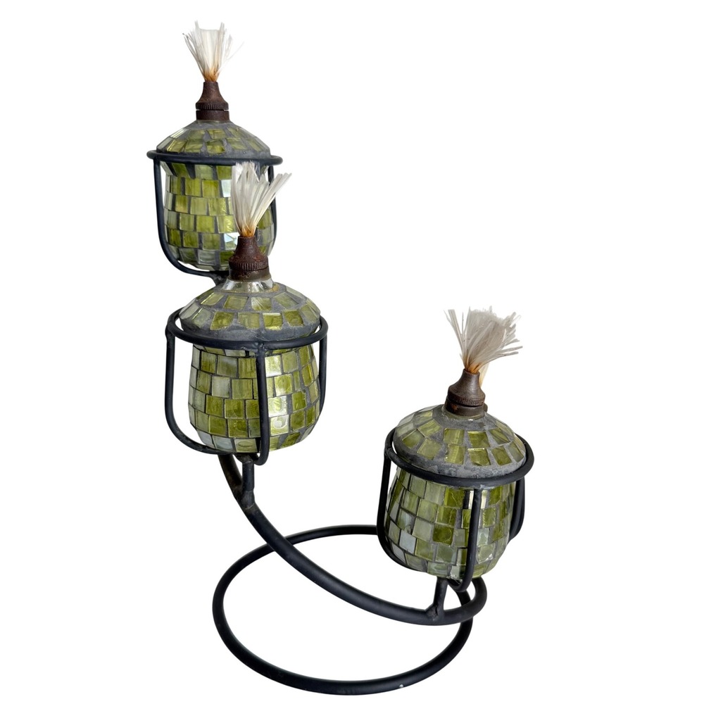 Vintage Mosaic Glass Oil Lamp Candelabra 4-Light Green Black Wrought Iron Spiral